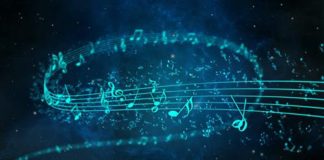 Music notes swirling across a blue background